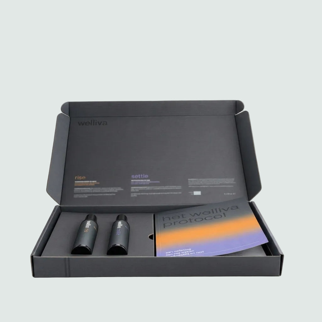 De complete welliva set, Rise, settle en reflectieboek, samen in de verzenddoos.